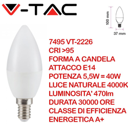 Lampadina LED E14 5,5W Candela 4000K CRI>95 - V-tac características