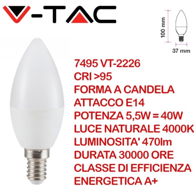 Lampadina LED E14 5,5W Candela 4000K CRI>95 - V-tac