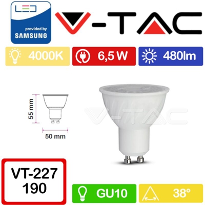 Faretto LED V-TAC Chip Samsung GU10 6,5W 38° 4000K