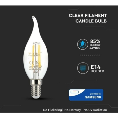 Lampadina LED Chip Samsung E14 4W Candela Filamento 2700K - V-tac