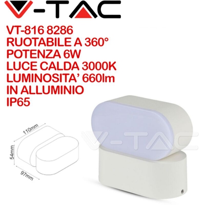 Lampada LED da Muro Ovale 6W Colore Bianco con Testa Ruotabile 3000K IP65 - V-tac