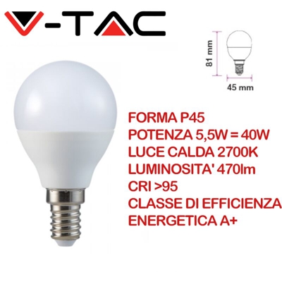 Lampadina LED E14 5,5W P45 2700K CRI>95 - V-tac