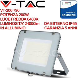 Faro LED V-TAC SMD Chip Samsung 200W 120Lm/W Colore Grigio 6400K IP65 precio
