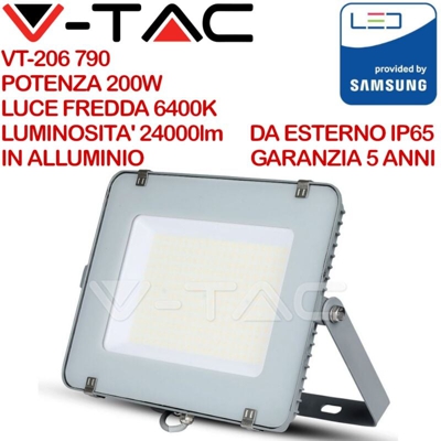 Faro LED V-TAC SMD Chip Samsung 200W 120Lm/W Colore Grigio 6400K IP65