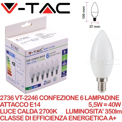 Lampadina LED E14 5,5W a Candela 2700K (Box 6 pezzi) - V-tac