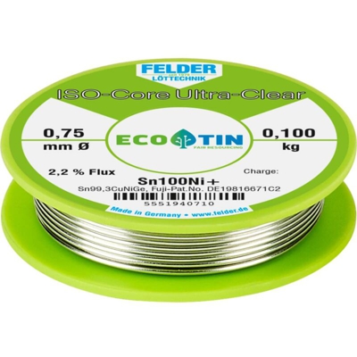 ISO-Core Ultra-Clear Sn100Ni+ Stagno senza piombo Bobina Sn99.25Cu0.7Ni0.05 0.100 kg 0.75 mm - Felder Löttechnik