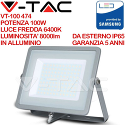 V-tac - faro led chip samsung 100 watt 220-240 volt CE IP65 bianco freddo grigio no tec 631303 en oferta