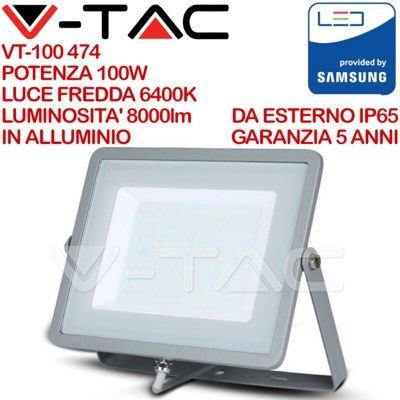 V-tac - faro led chip samsung 100 watt 220-240 volt CE IP65 bianco freddo grigio no tec 631303
