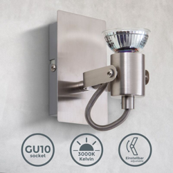 Plafoniera LED da soffitto o parete, faretto orientabile, include lampadina 5W GU10 da 400Lm, luce calda 3000K, metallo color nickel opaco, lampada en oferta