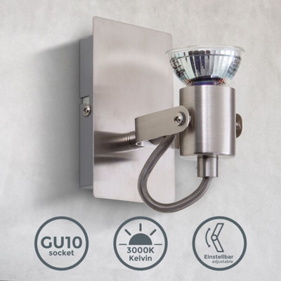 Plafoniera LED da soffitto o parete, faretto orientabile, include lampadina 5W GU10 da 400Lm, luce calda 3000K, metallo color nickel opaco, lampada