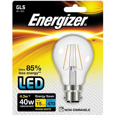 Energizer 4.3W B22 GLS- Lampadina a LED con Filamento (BC) Risparmio Energetico