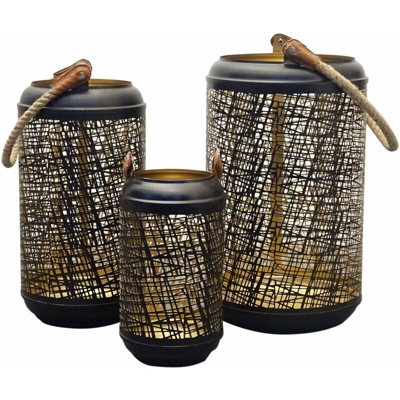 Set Di 3 Lanterne In Metallo Stile Orientale Di Design Moderno Portacandela Da Appendere , G.Ø42 X 25/M.Ø38 X 20/P.Ø27 X 15 - MILANI HOME