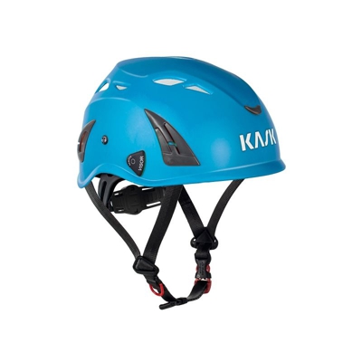 Casco lavoro Kask azzurro sottogola elmetto protezione cantiere areato misura regolabile
