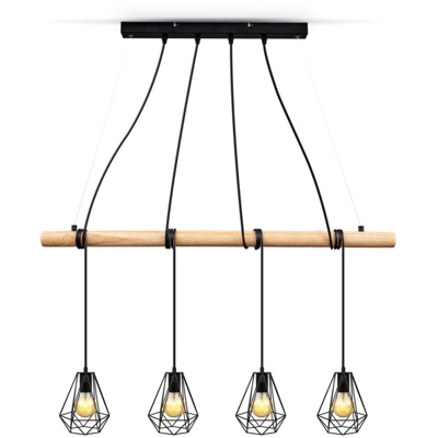 B.K.Licht Lampadario vintage legno e metallo nero, adatto per 4 lampadine E27 non incluse max 60W, altezza regolabile, lampada a sospensione retrò