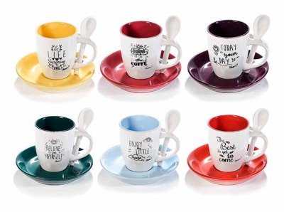 Servizio da 12 tazzine per il caffe in ceramica colorata con piattino e cucchiaino
