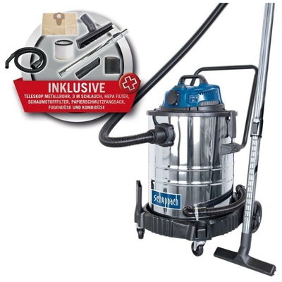 Aspiratore Aspirapolvere Aspiraliquidi Bidone Inox 1400W 50L Scheppach Asp50-Es