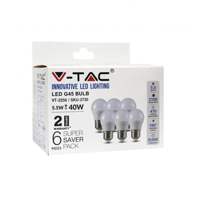Lampadina LED V-TAC E27 5,5W G45 2700K (Box 6 pezzi)