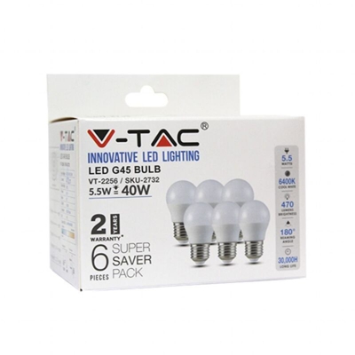Lampadina LED V-TAC E27 5,5W G45 6400K (Box 6 pezzi)