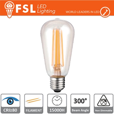 lampada edison led filamento 220-240 volt 300° 6 watt A+ CE E27 bianco caldo no trasparente lif flst64f6w27k27 - FSL