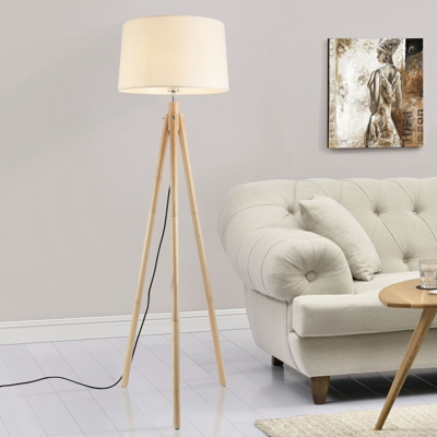 Lampada da Terra a Treppiedi Tomar E27 60W Metallo Tessuto Effetto Legno/Bianco - [LUX.PRO]