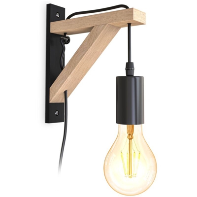 B.K.Licht I lampada da parete in legno I legno nero naturale I interruttore con cavo da 2,5 m I E27 I 1 fiamma I senza lampadina