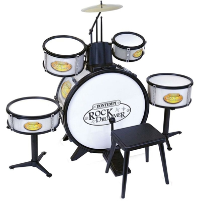 Bontempi - Batteria Musicale Giocattolo Bambini 4 Tamburi + Grancassa e Piatto con Sgabello