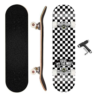 Skateboard Completo con Superficie A Scacchi 31"X 8,0", Skateboard Concavo A Doppio Calcio con Ponte in Acero A 7 Strati, Skateboard per Giovani All'a