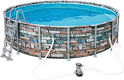Bestway Piscina Power Steel Frame Rotonda Cm. 488X122, Effetto Pietra