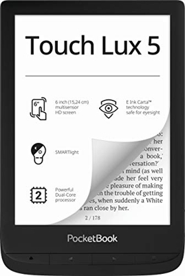 PocketBook - Lettore e-book "Touch Lux 5" (8 GB di memoria, display E-Ink da 15,24 cm (6"), SMARTLight, Wi-Fi), colore: Nero
