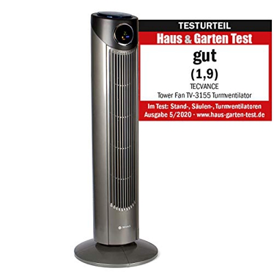 TECVANCE Ventilatore a Torre con Telecomando, 3 Modalità di Vento e 3 Livelli di Potenza, Display LC, Oscillazione 80°, 45 Watt, Grigio Metalizzato