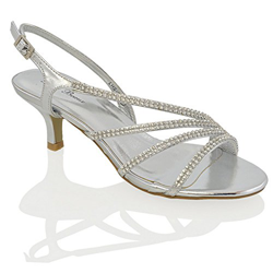 ESSEX GLAM Sandalo Donna Tacco Medio Finto Diamante Matrimonio Festa (UK 8 / EU 41 / US 10, Argento Metallizzato) precio