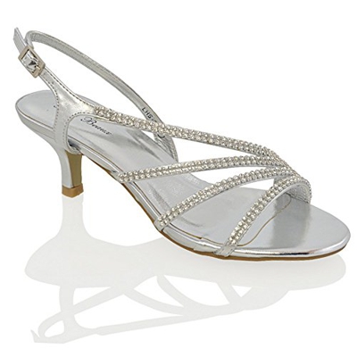 ESSEX GLAM Sandalo Donna Tacco Medio Finto Diamante Matrimonio Festa (UK 8 / EU 41 / US 10, Argento Metallizzato)