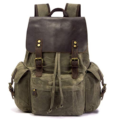 Arzopa Zaino di Tela Vintage in Vera Pelle per Computer Portatile da 15.6", Borsa per Scuola Impermeabile Viaggi Escursioni (Verde Militare)