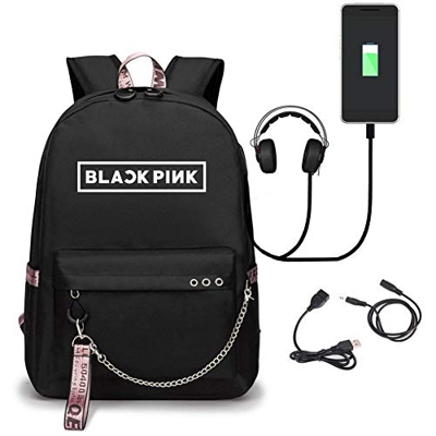 Unisex Kpop BLACKPINK Sacchetto di scuola con porta USB di ricarica Daypack Zaino Viaggio Backpack da Scuola JISOO JENNIE ROSE LISA