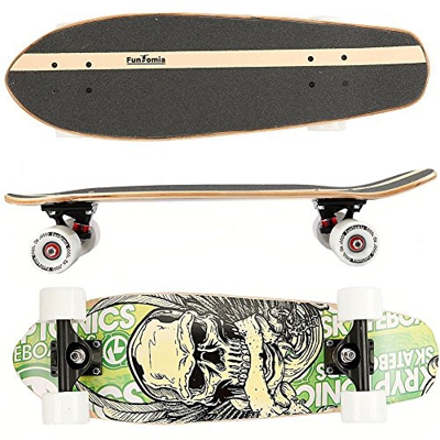 FunTomia Skateboard 66cm - 7ply Strati di Acero Canadese - con o Senza Ruote a LED (Skull/Senza Ruote LED)