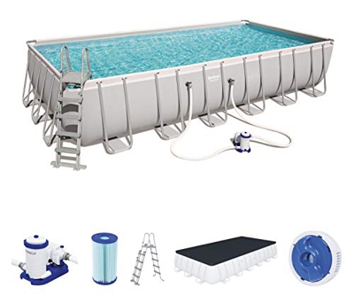 Bestway Power Steel Framepool - Set completo quadrato con pompa filtro, scala di sicurezza e telone di copertura 732 x 366 x 132 cm