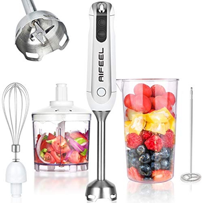 Aifeel Frullatore a Immersione Set 5-in-1, 800 W Minipimer Immersione Antispruzzo con Montalatte, Tritatutto da 500 ml, Bicchiere da 600 ml, Frusta, R