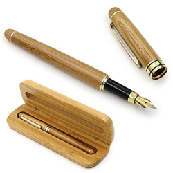 NUOLUX - Penna stilografica in bambù naturale, con convertitore e custodia, punta media, imballata, colore: Rosso en oferta