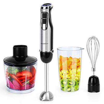 Aigostar Buckle - Frullatore a immersione 1000W, 4 in 1 frullatore multifunzionale, 6 velocità regolabili e funzione Turbo, tritatutto, sbattitore, ci