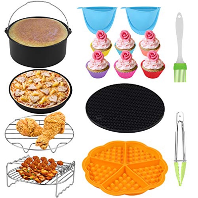 Kamtop 11 in 1 Friggitrice ad Aria Kit Accessori per Air Fryer GoWise Phillips Cozyna Power Universale 3.2-7.2QT con Padelle Torta Pizza Griglie Porta