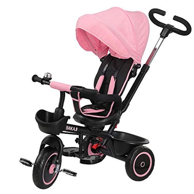 BAKAJI Triciclo Passeggino per Bambini a Pedali e Spinta 3in1 con Sediolino Girevole a 360 Gradi Direzione Mamma Imbottito Cinture di Sicurezza Manigl