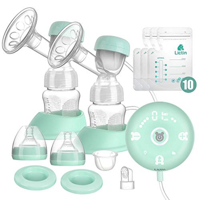 Lictin Tiralatte Elettrico - Tiralatte Elettrico Doppio con Funzione Massaggio e Memoria - 10 Livelli, Touchscreen, Portatile e Ricaricabile(Con 10 pc