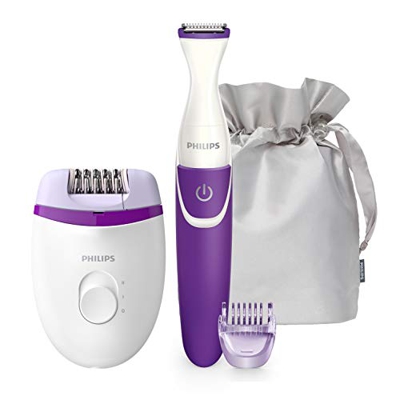 Philips Satinelle Essential Set Epilatore Compatto con Cavo, Bianco/Viola