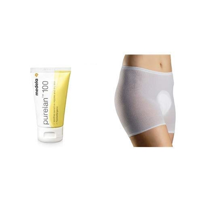 Medela Purelan 100 Crema alla Lanolina per Capezzoli, 37 g + Medela Post-Natal Pants Pantaloncini, L/XL, Confezione da 4 Pezzi