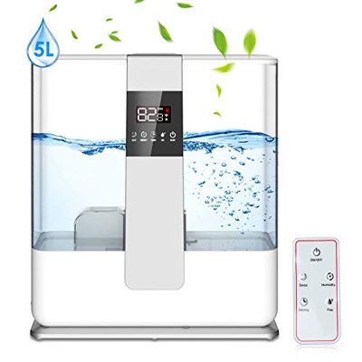 Umidificatore 5L, Diffusore di Nebbia Grande, 3 Livelli Regolabili, Diffusore di Aromi Separato, Auto-shut off, Umidostato Intelligente con Telecomand