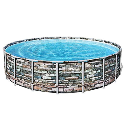 Bestway Piscina fuoriterra Rotonda Modello Power Steel con Effetto Pietra e Paleria Gommata, Cm. 610X132, capacità 33.240 Litri