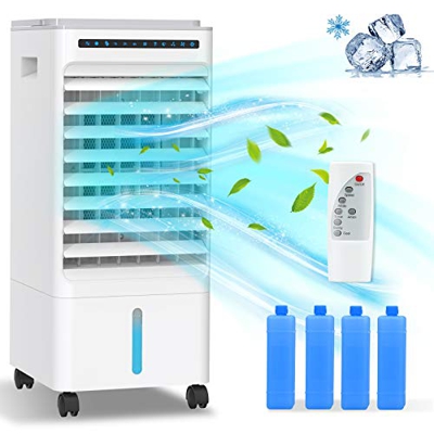 Raffreddatore D'aria Grande 4 in 1,Raffrescatore Evaporativo,Umidificatore,Ventilatore,3 Modalità, Timer 1-7 H,Con Ruote e Telecomando 65 W, 5L