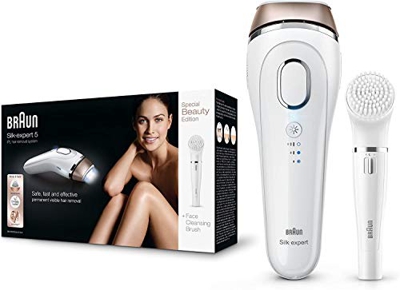 Braun Silk-Expert 5 BD 5009 Epilatore a Luce Pulsata, Epilazione Permanente dei Peli Visibili a Casa, con Spazzola Esfoliante per il Corpo, Bianco/Bro