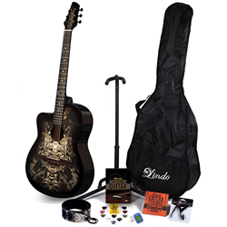 Lindo 933C - Chitarra acustica Alien per mancini, colore: Nero e confezione completa di accessori (borsa da gig, supporto, corde, cinghia, 10 plettri, características