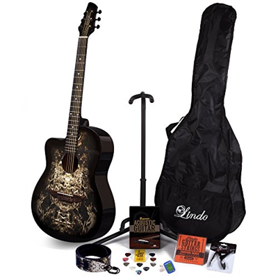Lindo 933C - Chitarra acustica Alien per mancini, colore: Nero e confezione completa di accessori (borsa da gig, supporto, corde, cinghia, 10 plettri,
